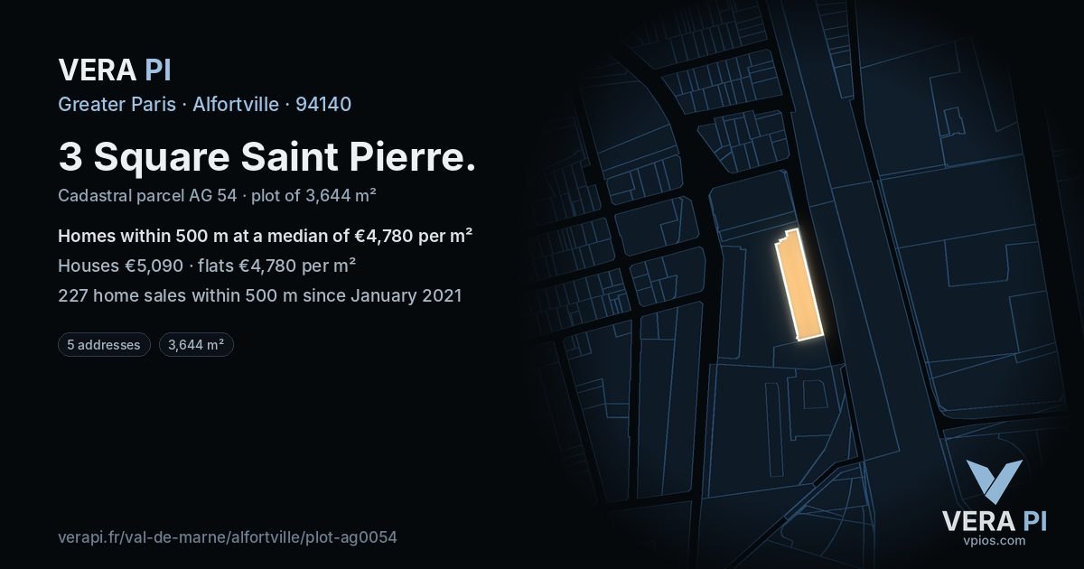 3 Square Saint Pierre, Alfortville at night – the plot lit, the parcels around coloured by the prices near them