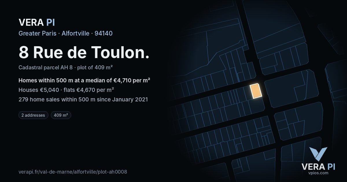 8 Rue de Toulon, Alfortville at night – the plot lit, the parcels around coloured by the prices near them