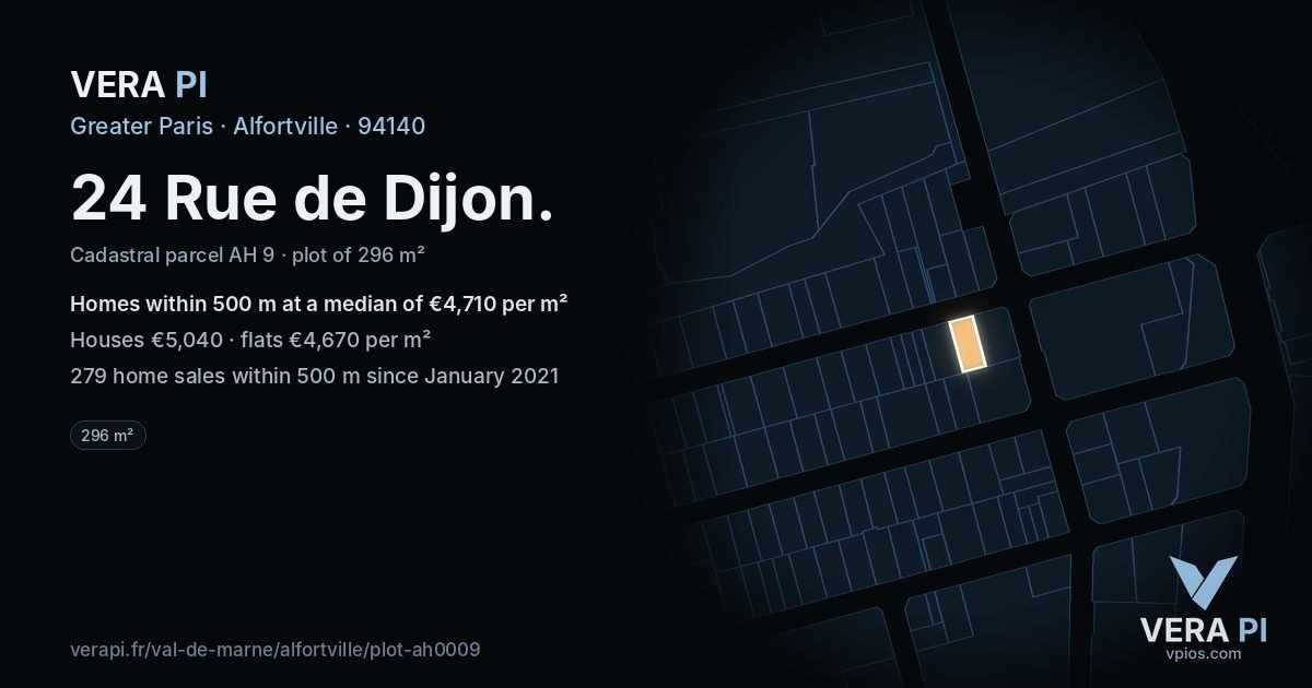 24 Rue de Dijon, Alfortville at night – the plot lit, the parcels around coloured by the prices near them