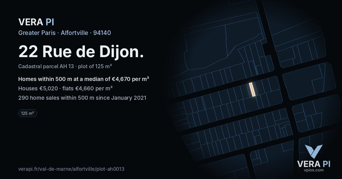 22 Rue de Dijon, Alfortville at night – the plot lit, the parcels around coloured by the prices near them
