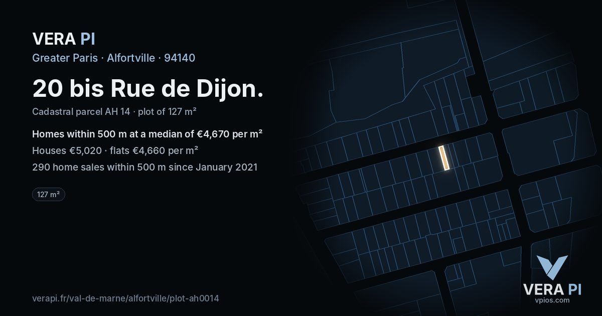 20 bis Rue de Dijon, Alfortville at night – the plot lit, the parcels around coloured by the prices near them