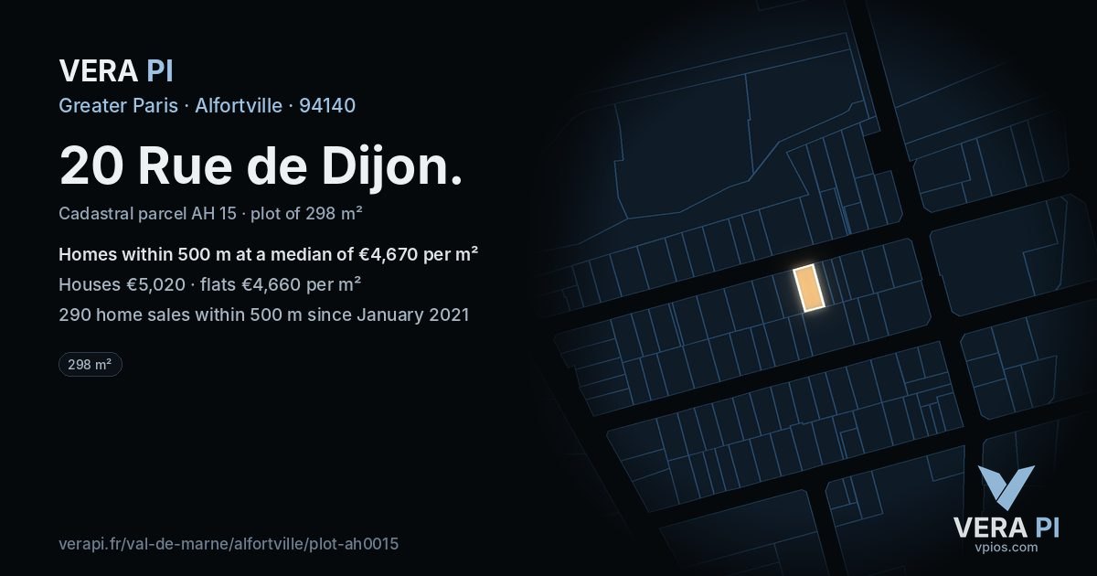 20 Rue de Dijon, Alfortville at night – the plot lit, the parcels around coloured by the prices near them