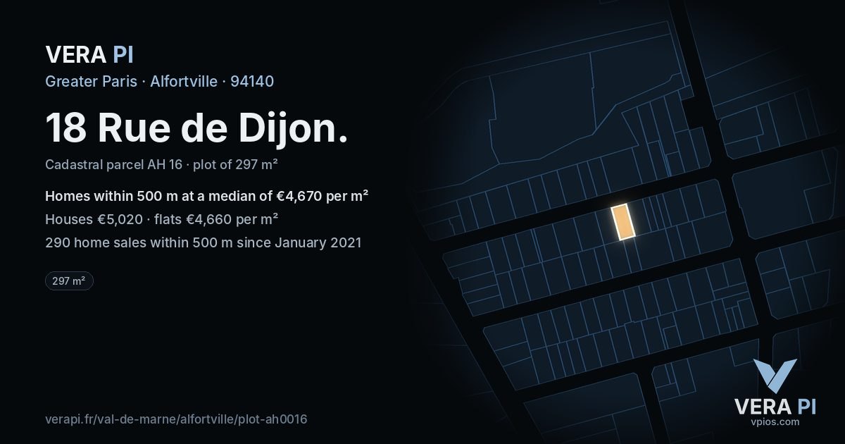 18 Rue de Dijon, Alfortville at night – the plot lit, the parcels around coloured by the prices near them