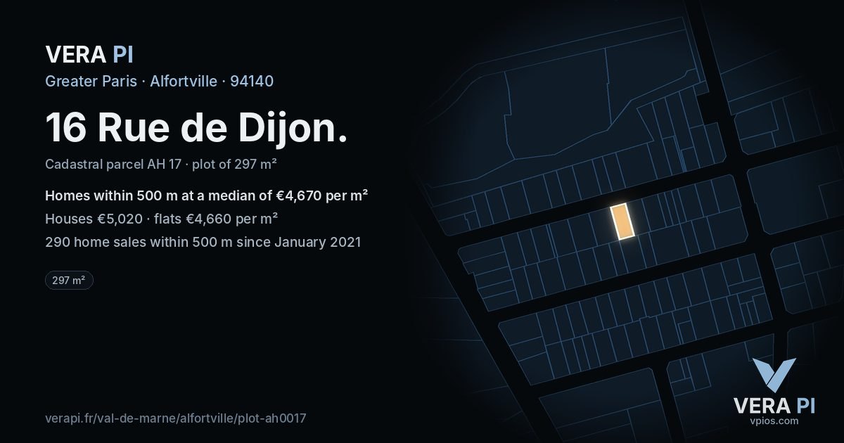 16 Rue de Dijon, Alfortville at night – the plot lit, the parcels around coloured by the prices near them