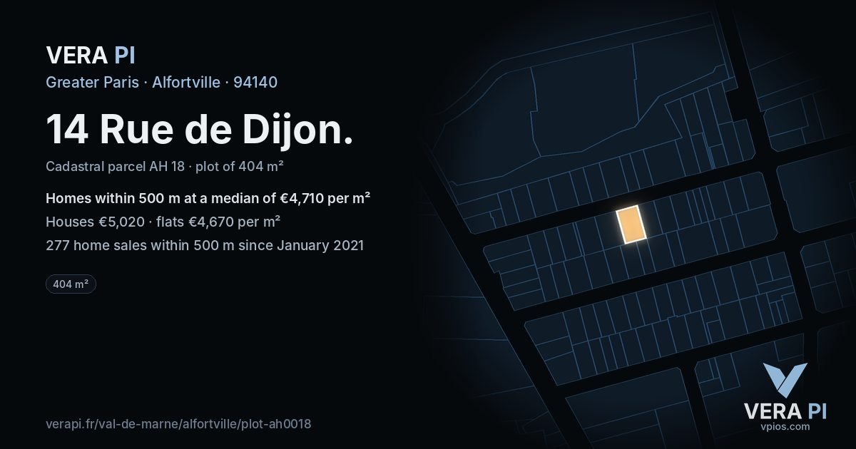 14 Rue de Dijon, Alfortville at night – the plot lit, the parcels around coloured by the prices near them