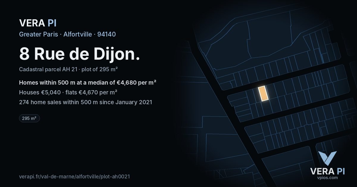 8 Rue de Dijon, Alfortville at night – the plot lit, the parcels around coloured by the prices near them
