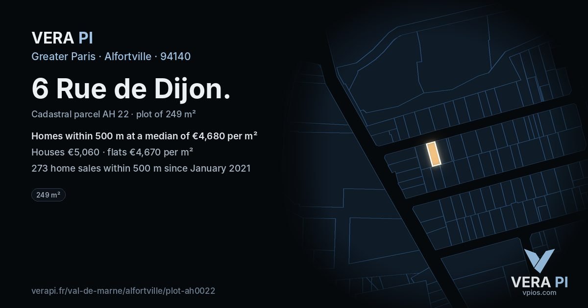 6 Rue de Dijon, Alfortville at night – the plot lit, the parcels around coloured by the prices near them