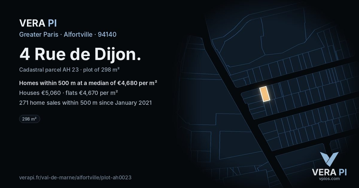 4 Rue de Dijon, Alfortville at night – the plot lit, the parcels around coloured by the prices near them