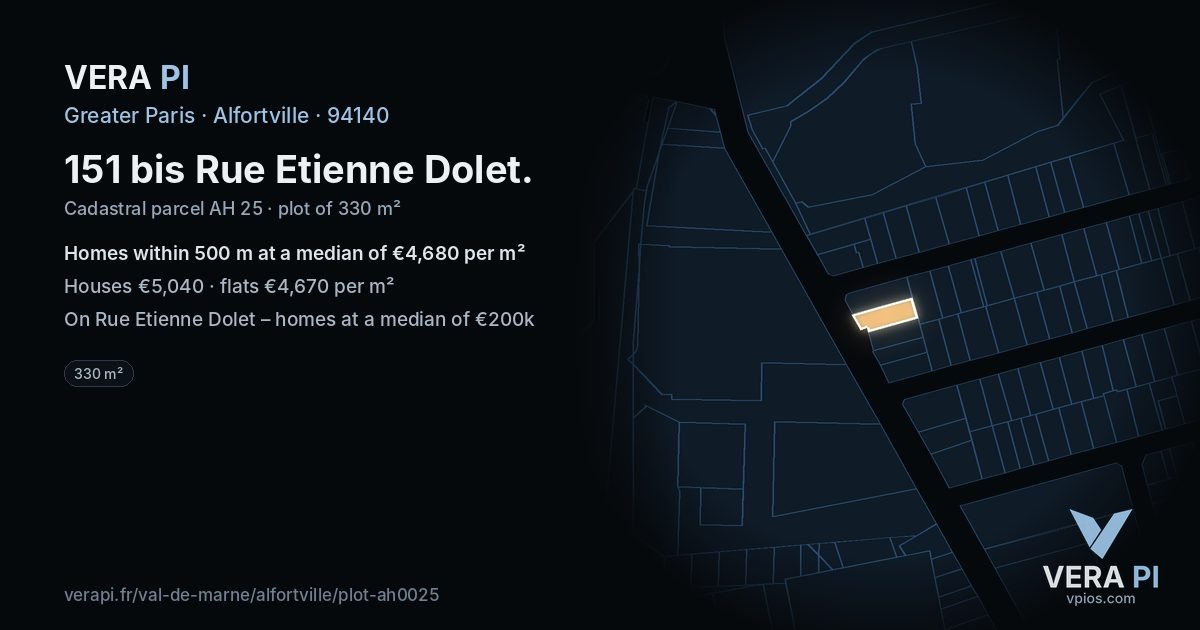 151 bis Rue Etienne Dolet, Alfortville at night – the plot lit, the parcels around coloured by the prices near them