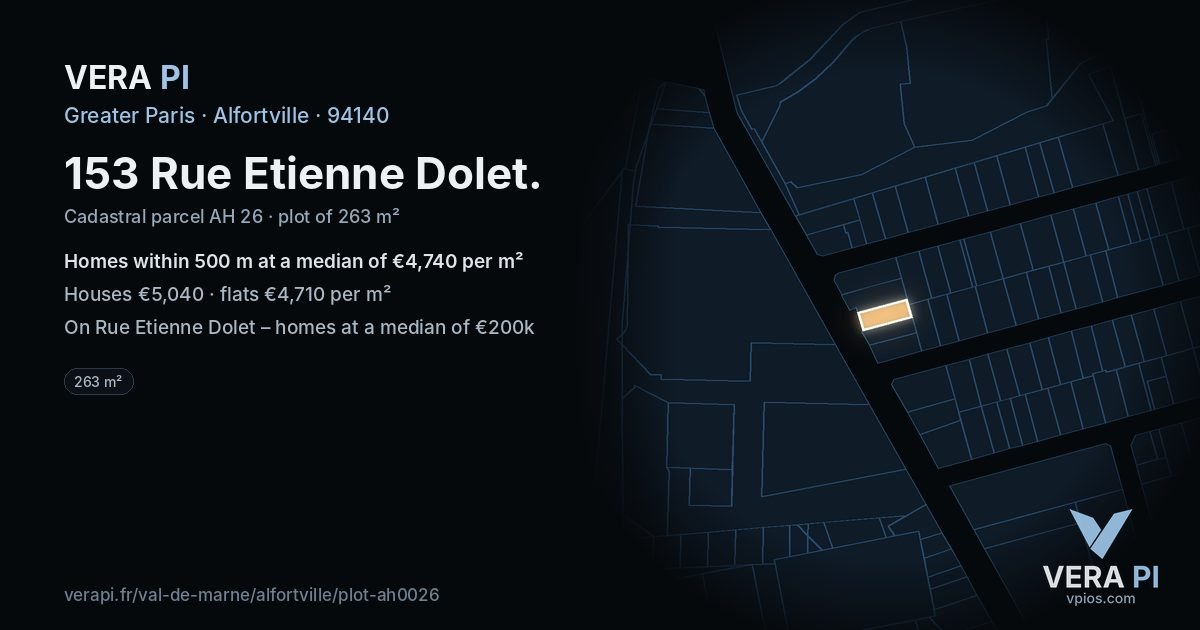 153 Rue Etienne Dolet, Alfortville at night – the plot lit, the parcels around coloured by the prices near them