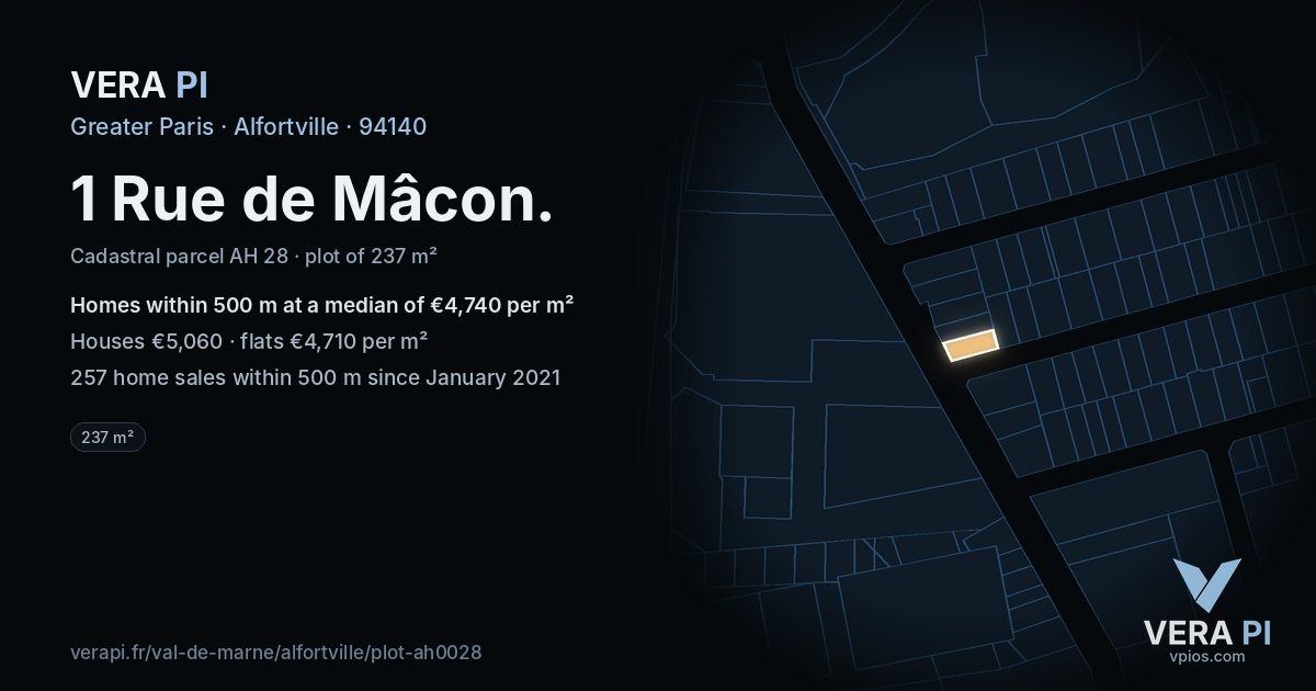 1 Rue de Mâcon, Alfortville at night – the plot lit, the parcels around coloured by the prices near them