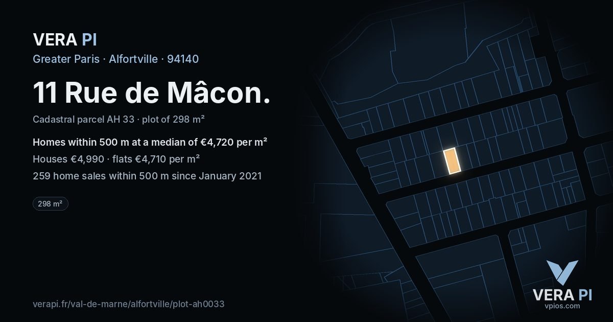 11 Rue de Mâcon, Alfortville at night – the plot lit, the parcels around coloured by the prices near them