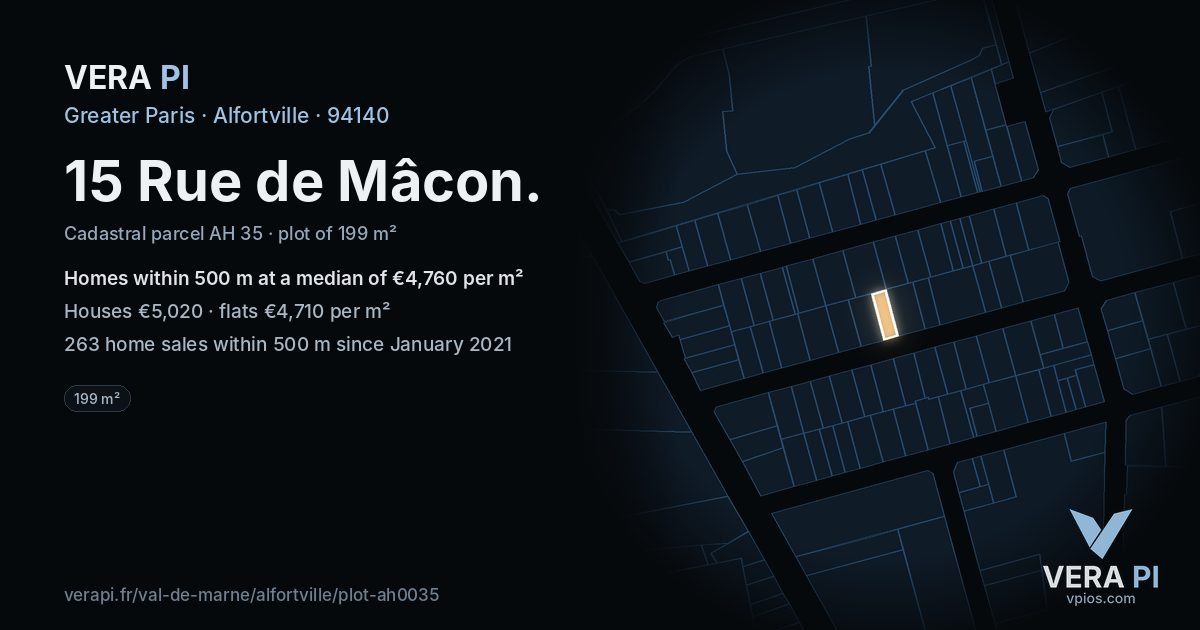 15 Rue de Mâcon, Alfortville at night – the plot lit, the parcels around coloured by the prices near them