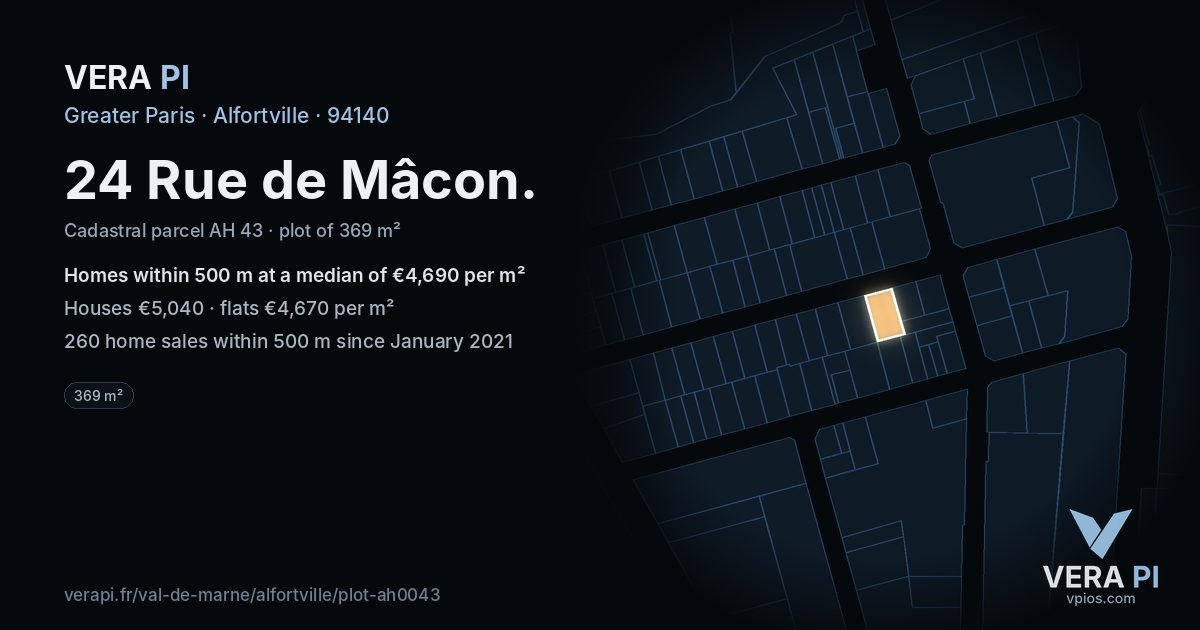 24 Rue de Mâcon, Alfortville at night – the plot lit, the parcels around coloured by the prices near them