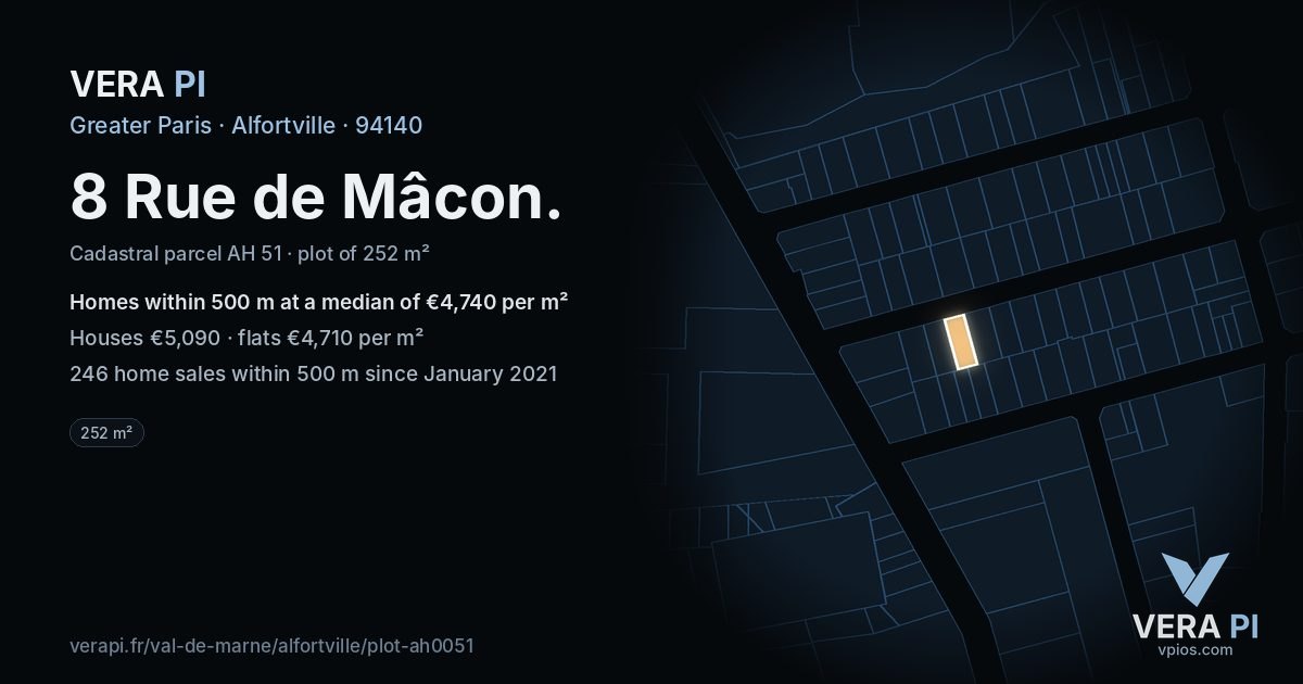 8 Rue de Mâcon, Alfortville at night – the plot lit, the parcels around coloured by the prices near them