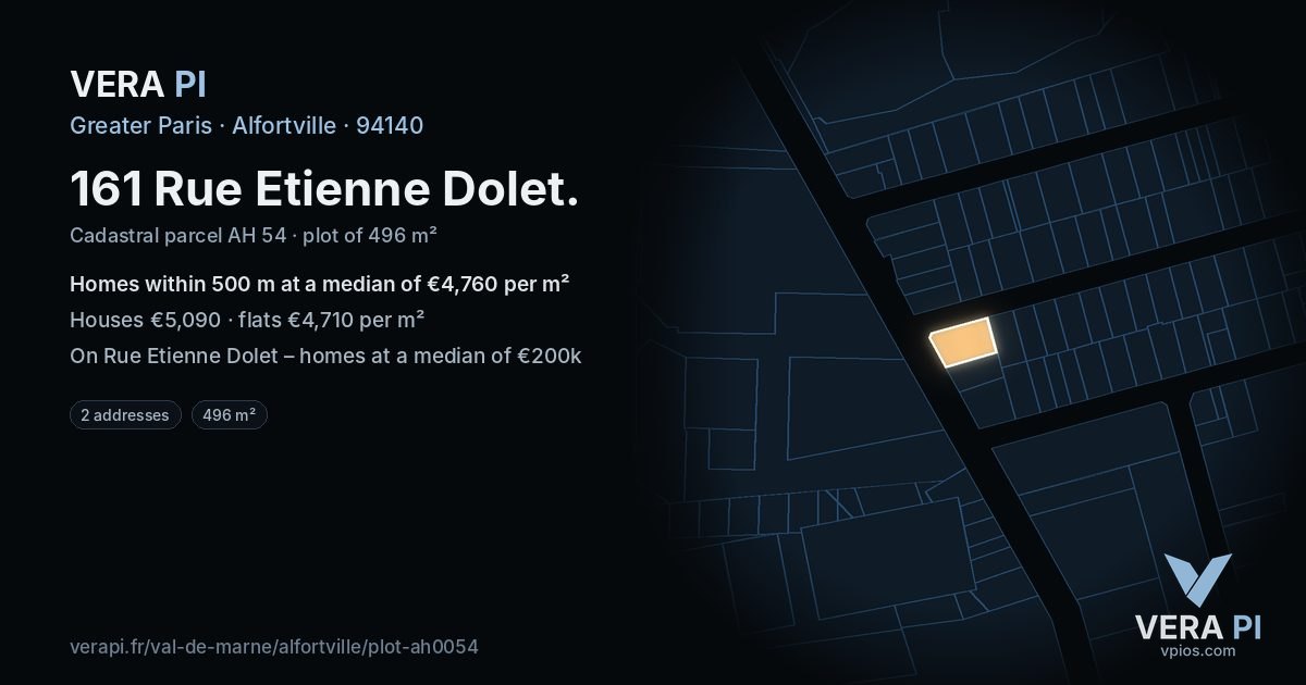 161 Rue Etienne Dolet, Alfortville at night – the plot lit, the parcels around coloured by the prices near them