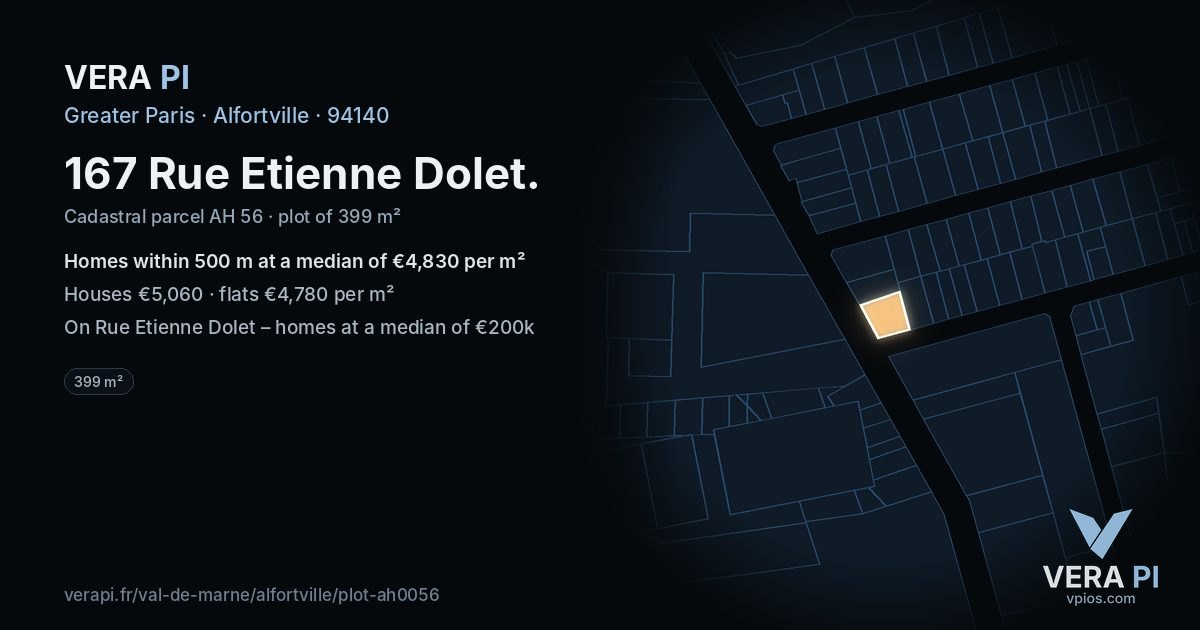 167 Rue Etienne Dolet, Alfortville at night – the plot lit, the parcels around coloured by the prices near them