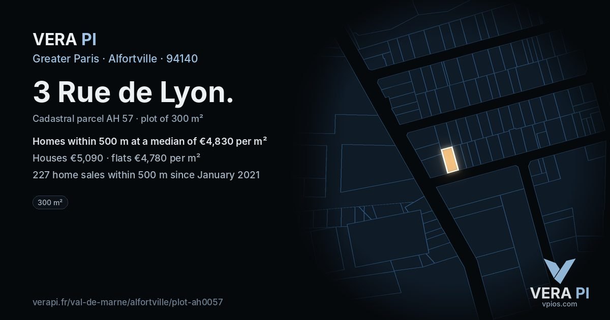 3 Rue de Lyon, Alfortville at night – the plot lit, the parcels around coloured by the prices near them