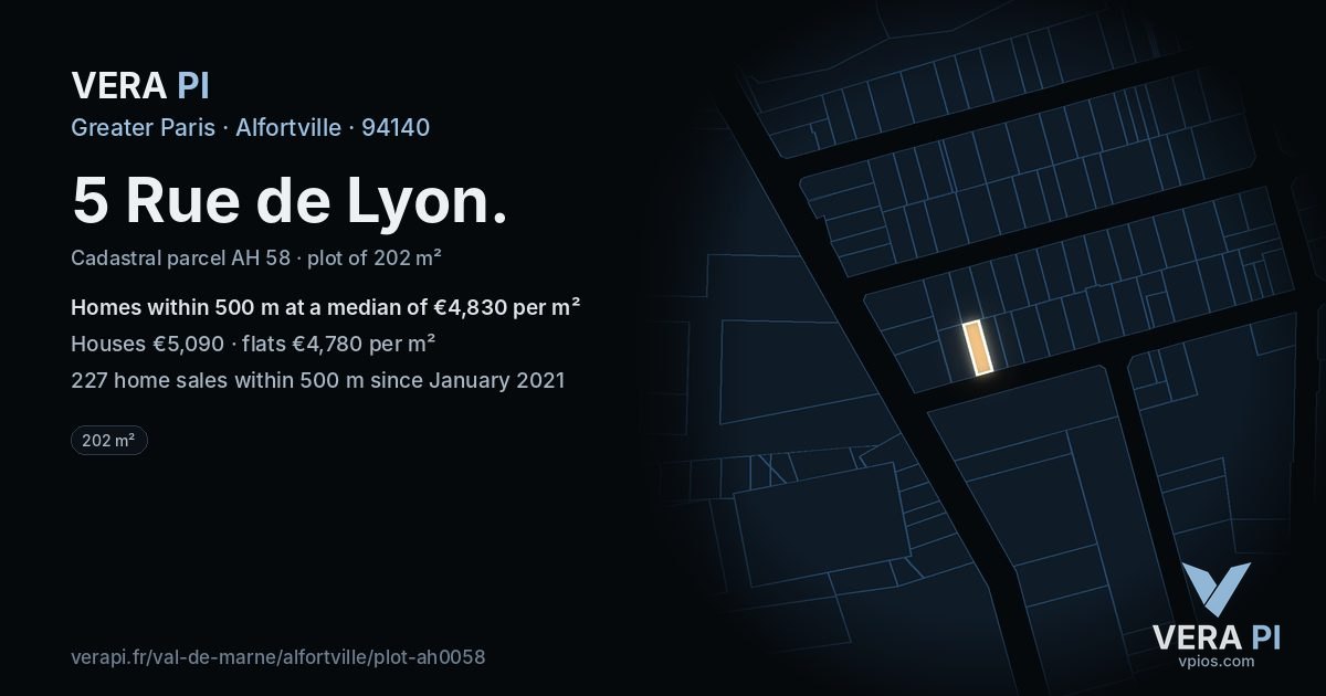 5 Rue de Lyon, Alfortville at night – the plot lit, the parcels around coloured by the prices near them