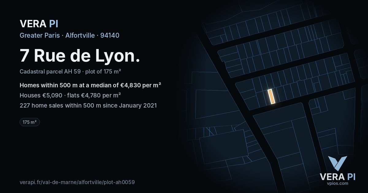 7 Rue de Lyon, Alfortville at night – the plot lit, the parcels around coloured by the prices near them