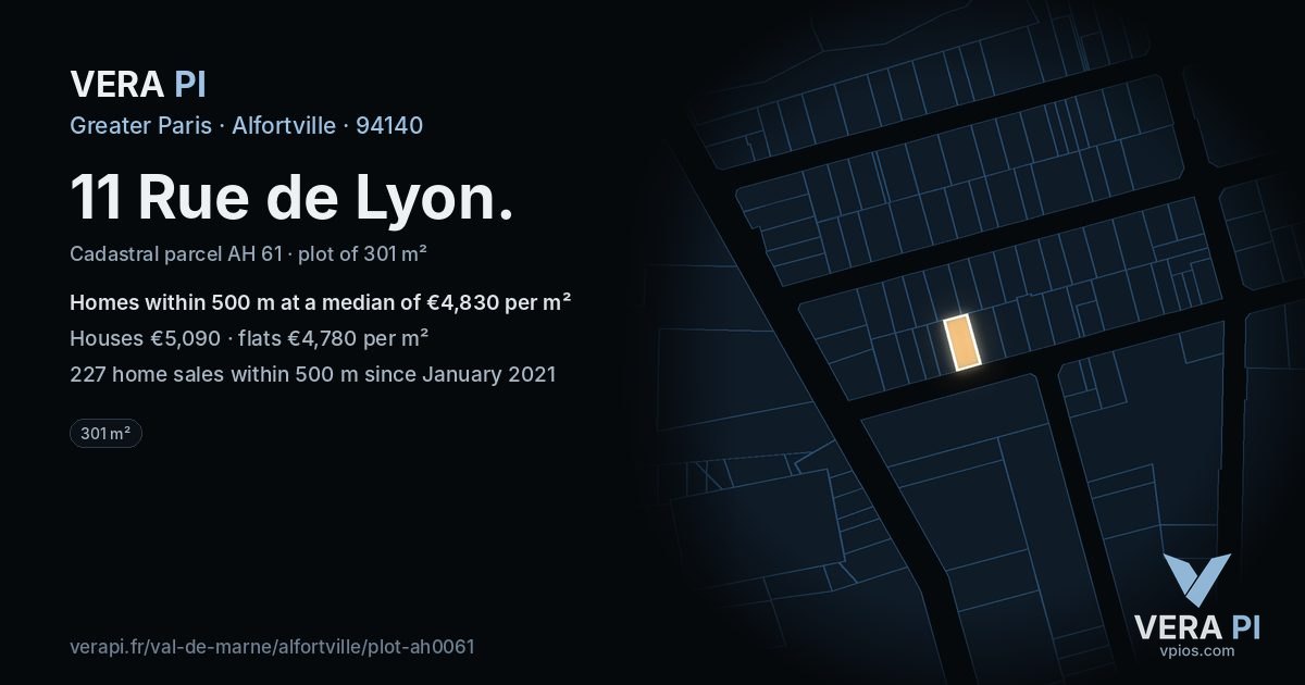 11 Rue de Lyon, Alfortville at night – the plot lit, the parcels around coloured by the prices near them