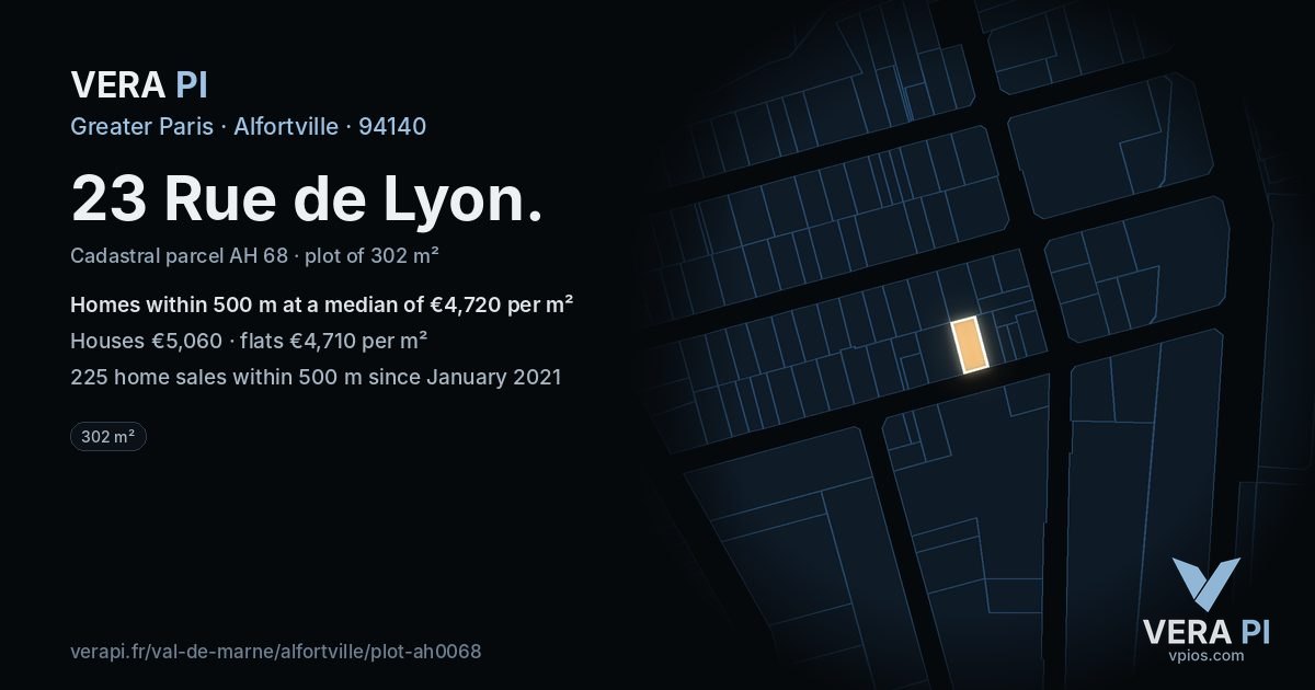 23 Rue de Lyon, Alfortville at night – the plot lit, the parcels around coloured by the prices near them