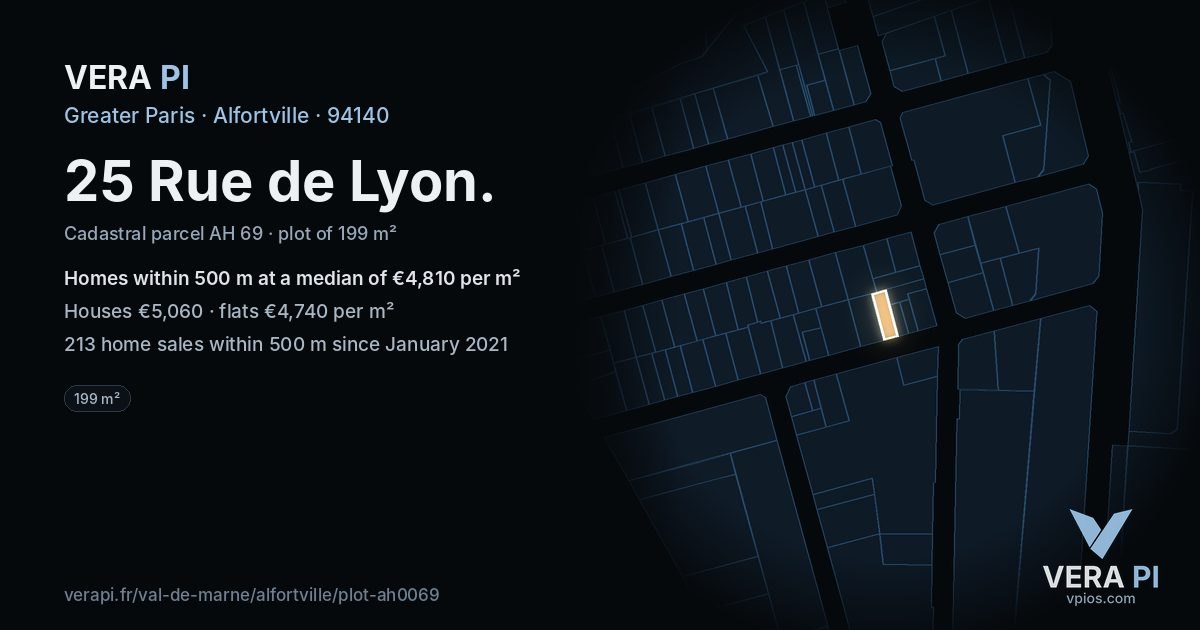 25 Rue de Lyon, Alfortville at night – the plot lit, the parcels around coloured by the prices near them