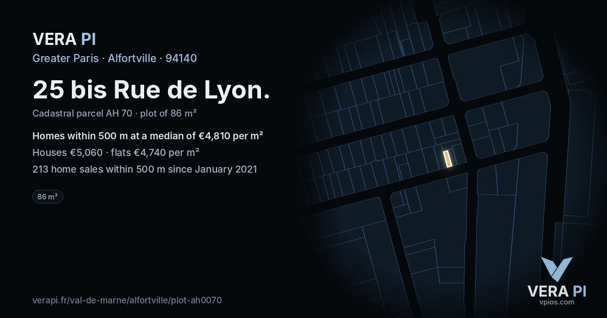 25 bis Rue de Lyon, Alfortville at night – the plot lit, the parcels around coloured by the prices near them