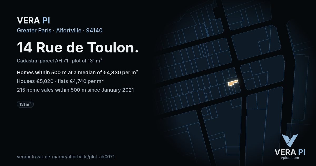 14 Rue de Toulon, Alfortville at night – the plot lit, the parcels around coloured by the prices near them