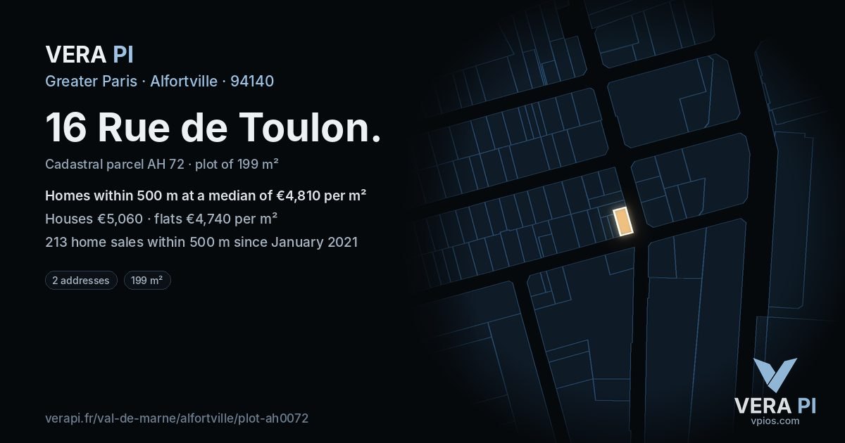 16 Rue de Toulon, Alfortville at night – the plot lit, the parcels around coloured by the prices near them