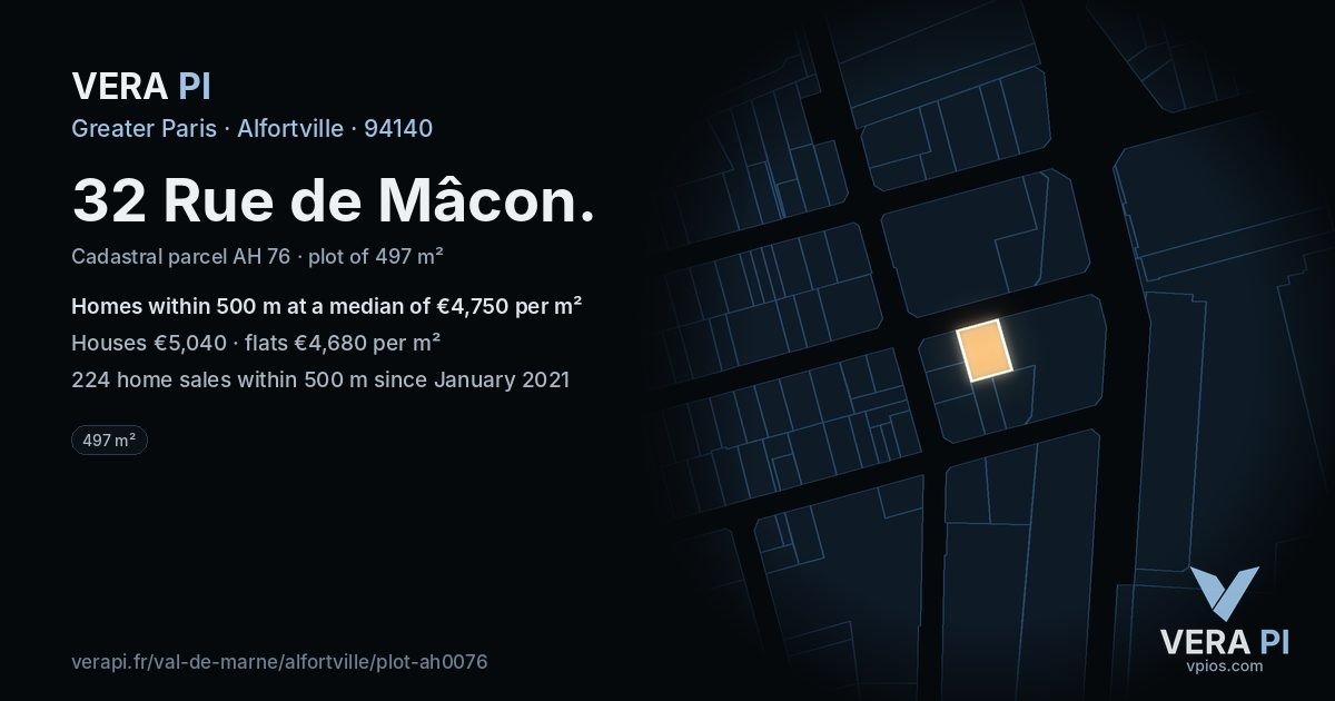 32 Rue de Mâcon, Alfortville at night – the plot lit, the parcels around coloured by the prices near them