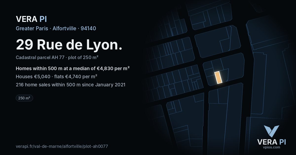 29 Rue de Lyon, Alfortville at night – the plot lit, the parcels around coloured by the prices near them