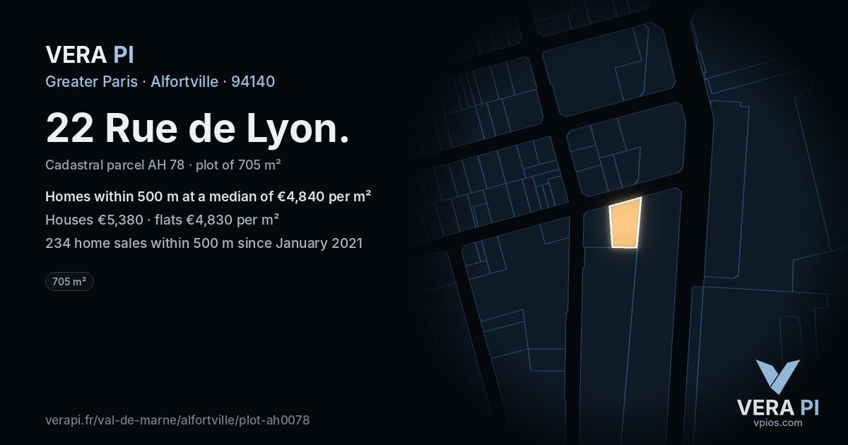 22 Rue de Lyon, Alfortville at night – the plot lit, the parcels around coloured by the prices near them