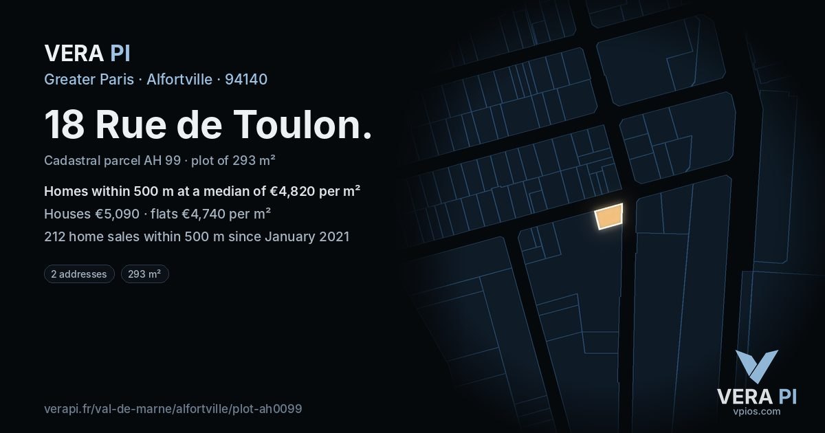 18 Rue de Toulon, Alfortville at night – the plot lit, the parcels around coloured by the prices near them