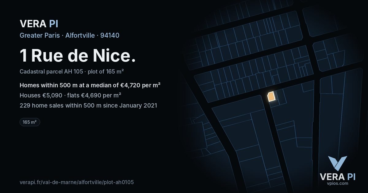 1 Rue de Nice, Alfortville at night – the plot lit, the parcels around coloured by the prices near them