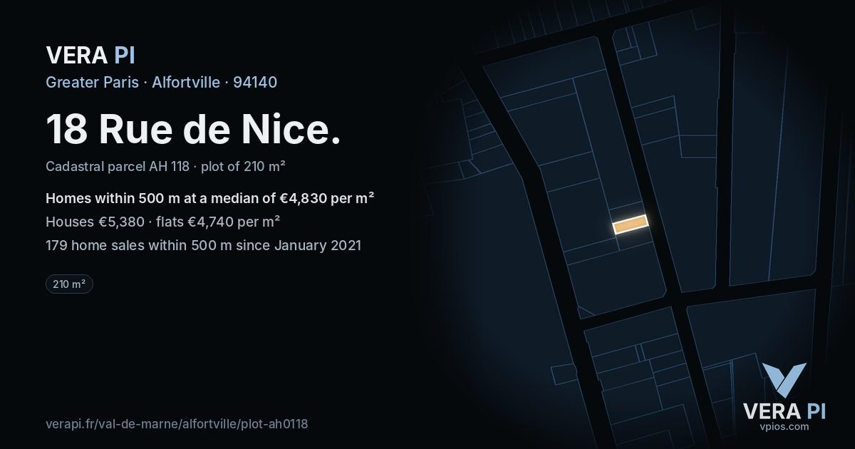 18 Rue de Nice, Alfortville at night – the plot lit, the parcels around coloured by the prices near them