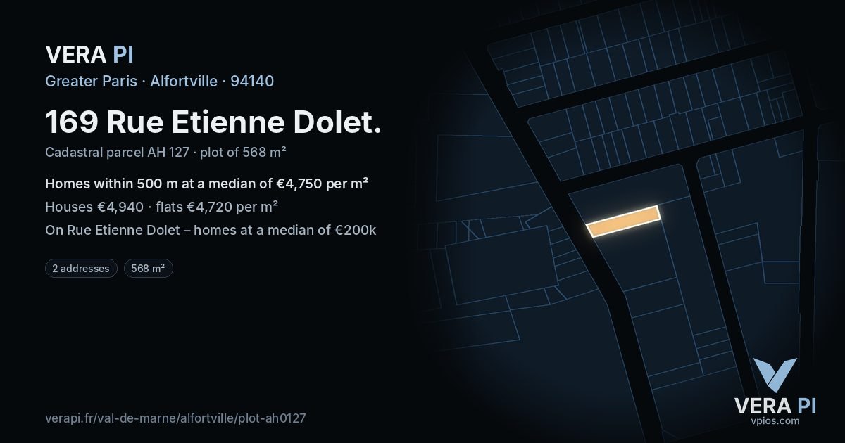 169 Rue Etienne Dolet, Alfortville at night – the plot lit, the parcels around coloured by the prices near them