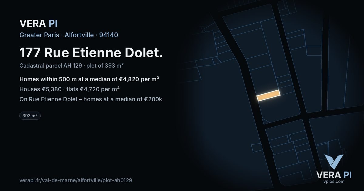 177 Rue Etienne Dolet, Alfortville at night – the plot lit, the parcels around coloured by the prices near them