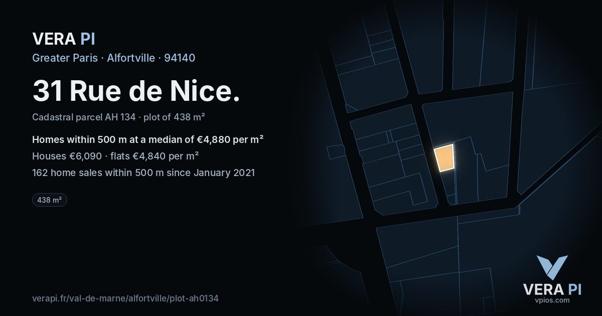 31 Rue de Nice, Alfortville at night – the plot lit, the parcels around coloured by the prices near them