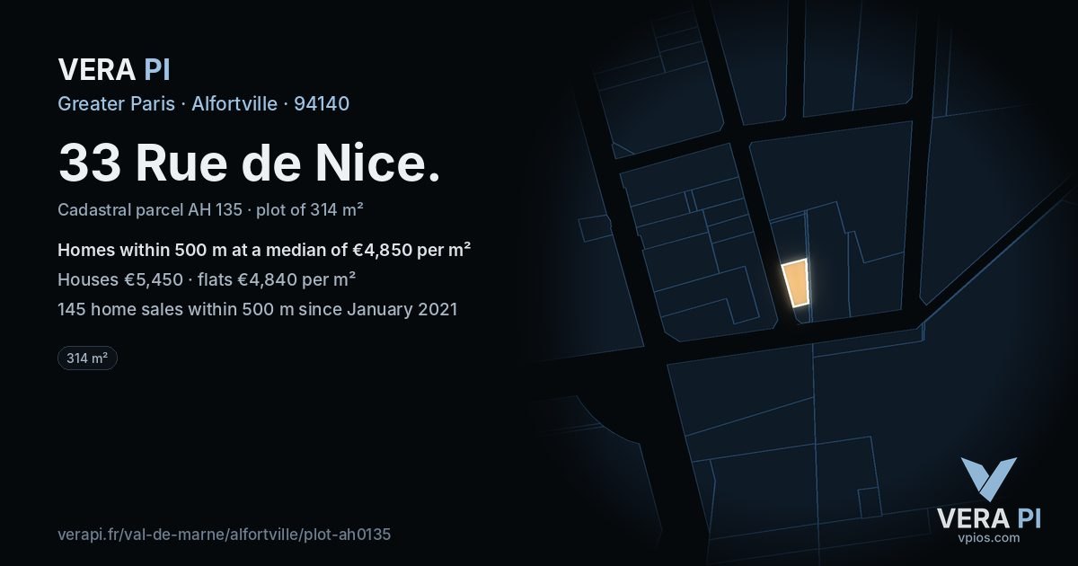 33 Rue de Nice, Alfortville at night – the plot lit, the parcels around coloured by the prices near them