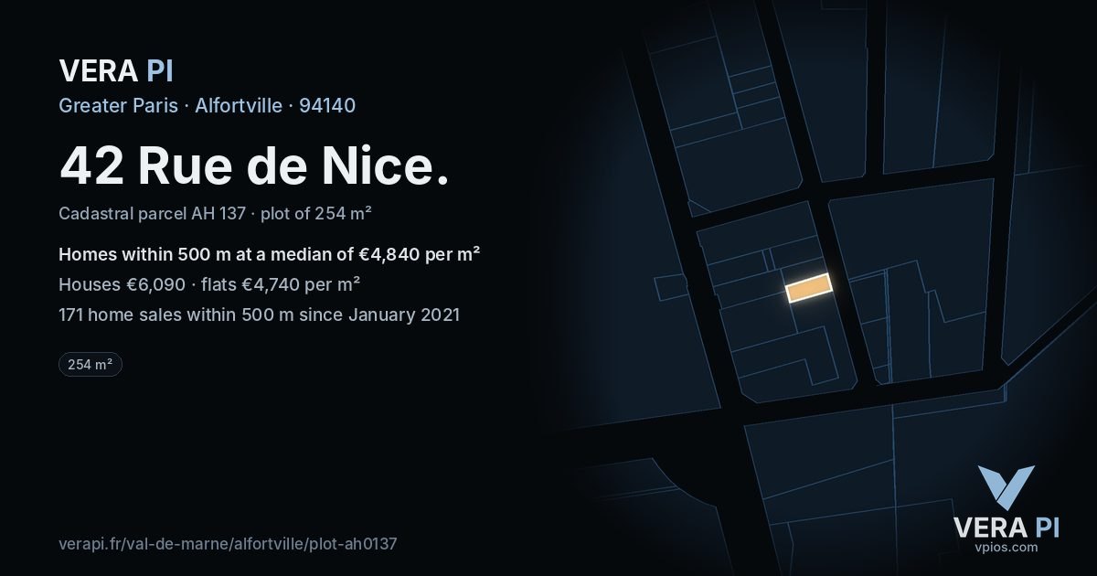 42 Rue de Nice, Alfortville at night – the plot lit, the parcels around coloured by the prices near them