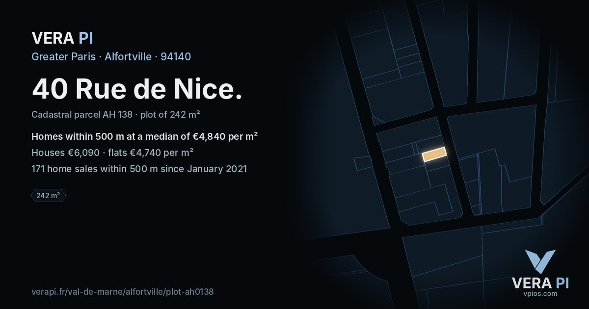 40 Rue de Nice, Alfortville at night – the plot lit, the parcels around coloured by the prices near them