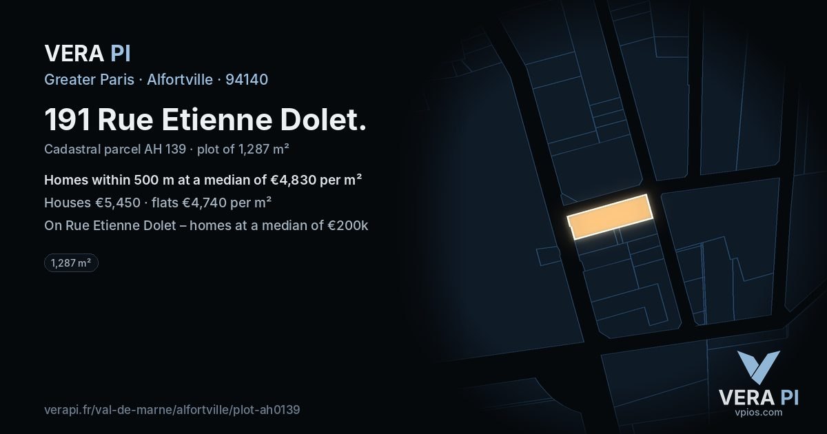 191 Rue Etienne Dolet, Alfortville at night – the plot lit, the parcels around coloured by the prices near them