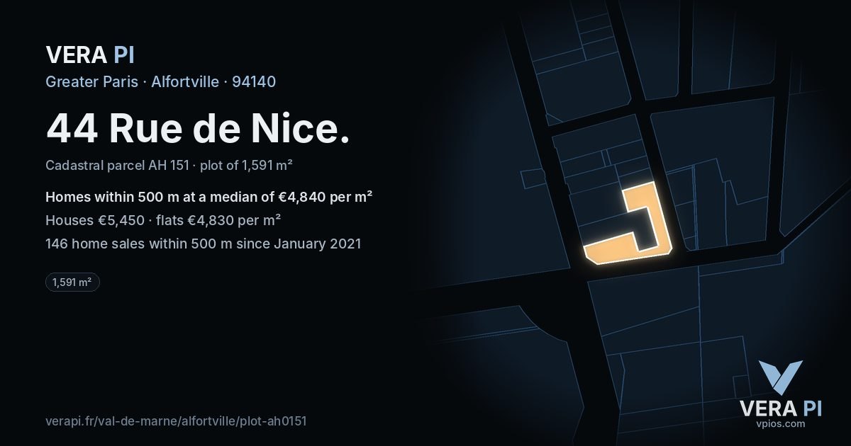 44 Rue de Nice, Alfortville at night – the plot lit, the parcels around coloured by the prices near them