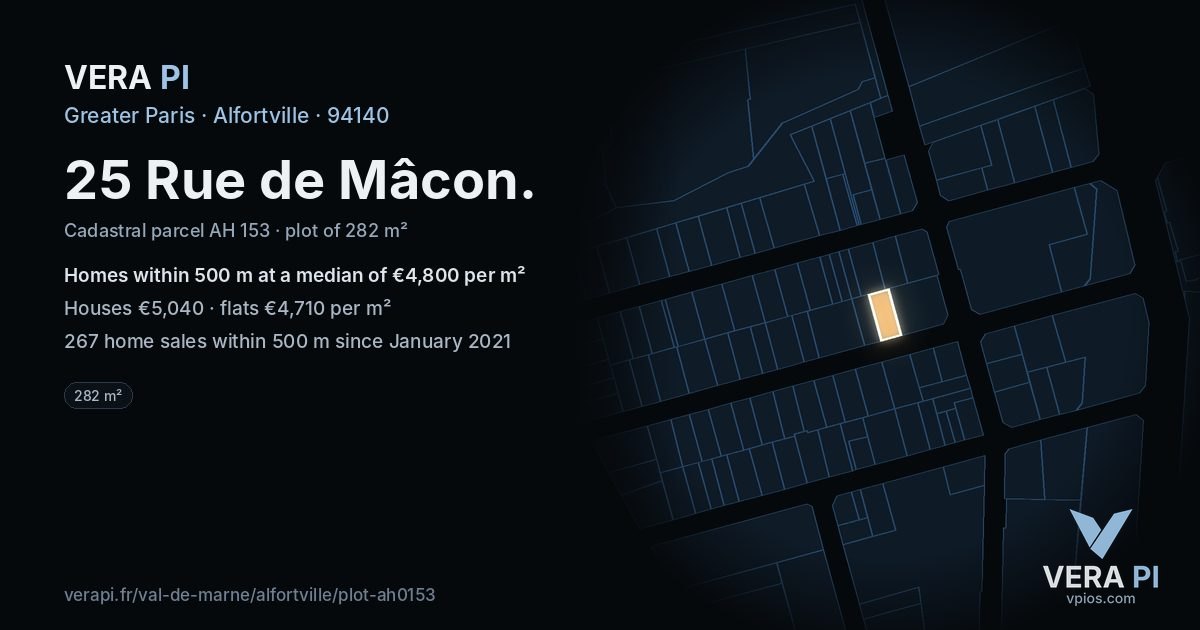25 Rue de Mâcon, Alfortville at night – the plot lit, the parcels around coloured by the prices near them