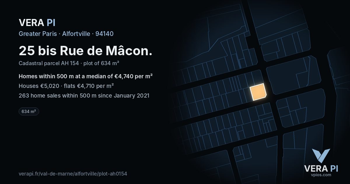 25 bis Rue de Mâcon, Alfortville at night – the plot lit, the parcels around coloured by the prices near them
