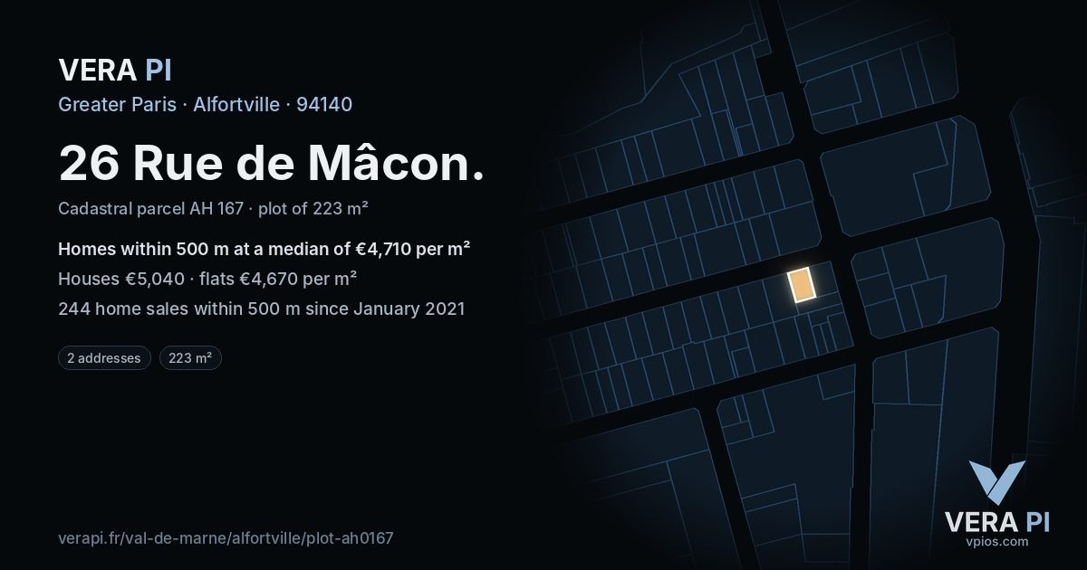 26 Rue de Mâcon, Alfortville at night – the plot lit, the parcels around coloured by the prices near them