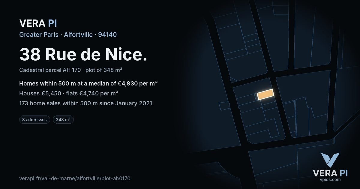 38 Rue de Nice, Alfortville at night – the plot lit, the parcels around coloured by the prices near them