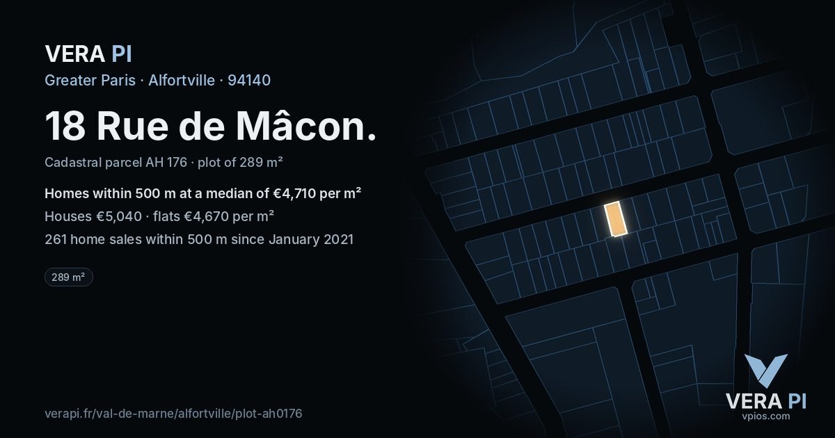18 Rue de Mâcon, Alfortville at night – the plot lit, the parcels around coloured by the prices near them