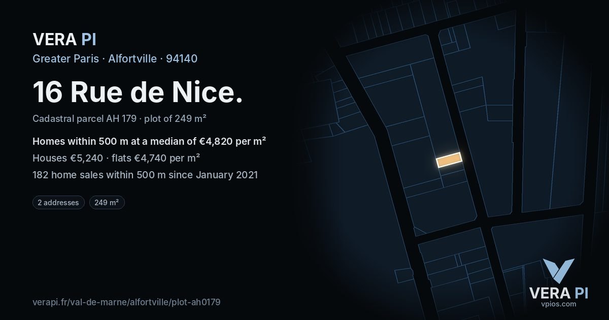 16 Rue de Nice, Alfortville at night – the plot lit, the parcels around coloured by the prices near them